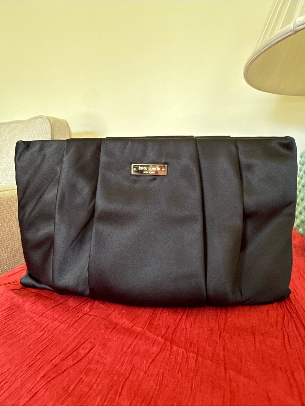 kate spade vintage black satin clutch with gold logo plaque